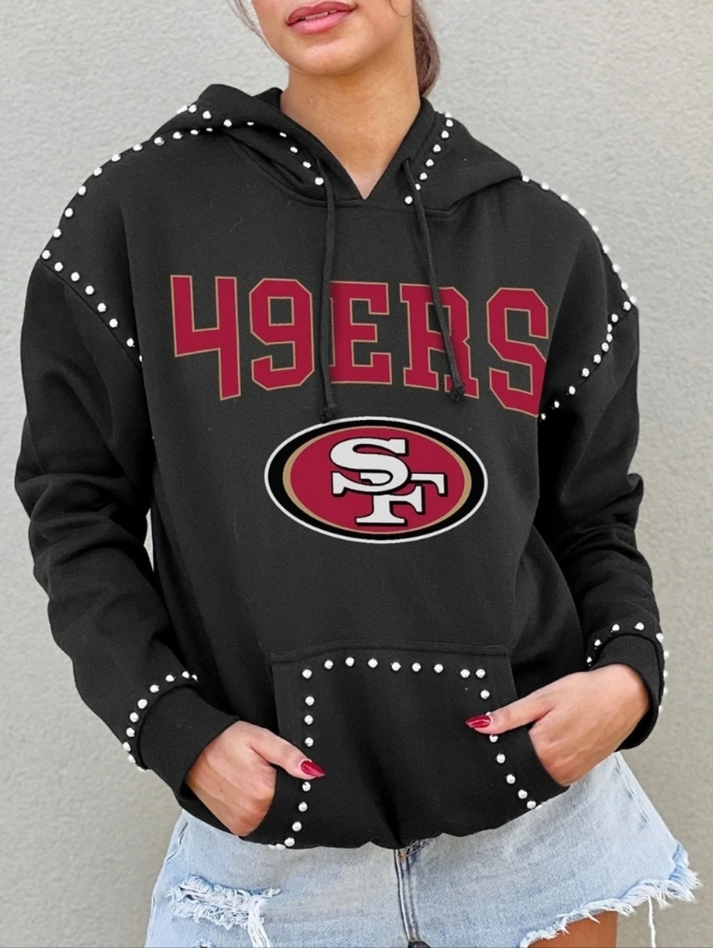 San Francisco 49ers Black Hoodie - Studded Pullover Sweatshirt
